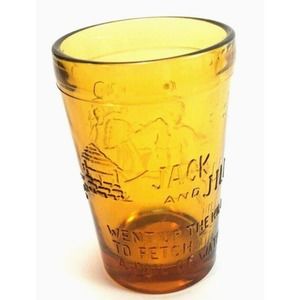 Tiara Amber Glass Jack & Jill Nursery Rhyme Juice Glass Indiana Company